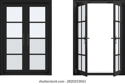 Set of two identical arched double doors with glass panels and fanlight windows, classic architectural design elements for building entrance