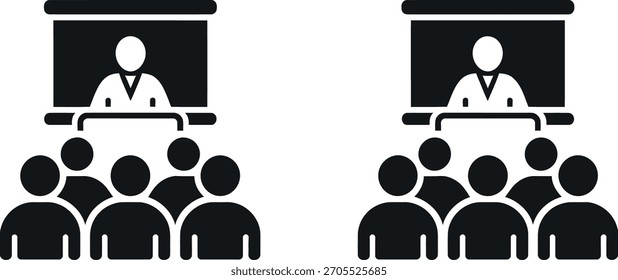 Un conjunto de dos iconos idénticos en blanco y negro que representan a un orador que se presenta a una audiencia en un entorno de conferencia o seminario, perfecto para conceptos de comunicación empresarial o educación.