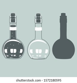 Set of two identical clear glass bottles and dark glass in the form of a flask, as well as their stencil, for wine, cognac, vinegar or oil, clip-art on a gray isolated background in vintage style