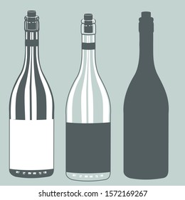 Set of two identical transparent and dark glass cognac bottles, as well as their stencil, clip art on a gray isolated background in vintage style