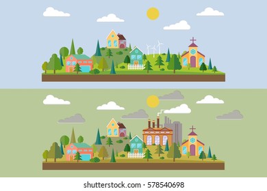 Set of two illustration. Eco village with plant or factory building in flat style. Summer forest in flat style. Environmental pollution. Vector illustration.