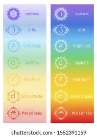 Set of two illustration of seven chakra symbols with grunge elements on a color background. 