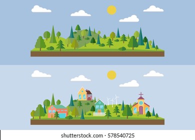 Set of two illustration. Wild forest in flat style. Eco village in flat style. Summer forest in flat style. Vector illustration.