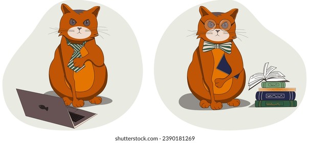 Set with two illustrations of business cats. A red fat cat in a striped tie with a laptop and a red cat in glasses with books