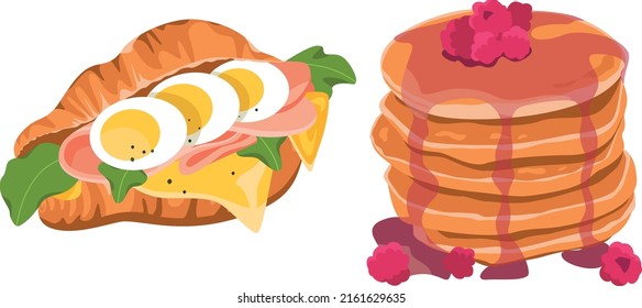 A set of two illustrations of a croissant with ham and eggs, and pancakes with raspberries