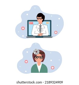 A set of two illustrations. The doctor conducts an online consultation. The topic of telemedicine.