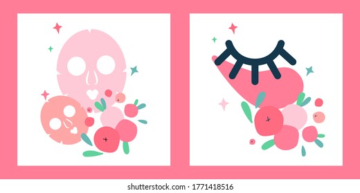 conjunto de dos ilustraciones con parches para los ojos y máscaras para la piel de la cara. cuidado natural de la piel a base de arándanos y lingotes. máscara para la piel alrededor de los ojos.