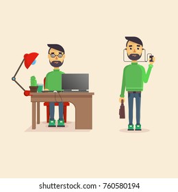 Set of two illustrations of a male Manager sitting behind a Desk and standing with a briefcase and headphones.