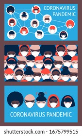set of two illustrations and one seamless pattern with people of different nationalities in white medical face masks on a blue background. coronavirus spread. Coronavirus pandemic. Covid-19.