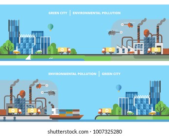 A set of two illustrations - production, modern city. Green city & Environmental pollution. Factory.