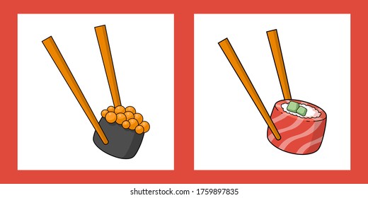 set with two illustrations of roll philadelphia, sushi with caviar and wooden chopsticks. japanese food, kawaii. modern cartoon design