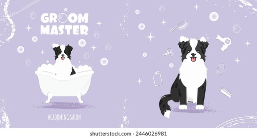 Conjunto de dos ilustraciones. Un Pequeño perro sentado y arreglando las herramientas a su alrededor. Concepto de un salón de belleza. Perro de dibujos animados sentado en un baño de burbujas.