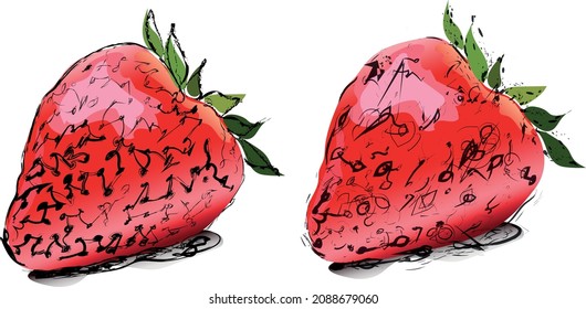 a set of two illustrations of strawberries made with expressive spots in artistic technique