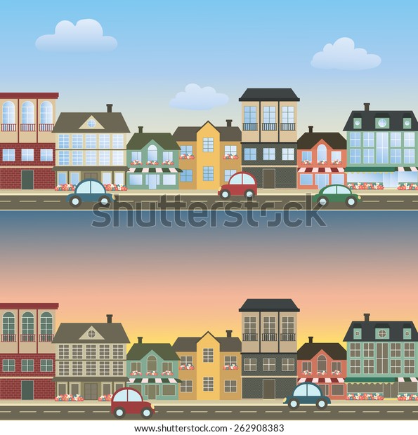 Set of\
two illustrations streets. Vector\
illustrations