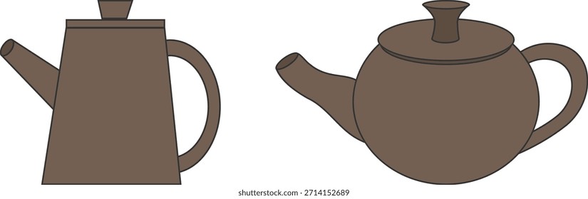 Set of two illustrations of a teapot and kyusu in dark brown. Perfect for cozy daily life or food scenes.