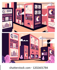 set of two illustrations of web development buildings with graphics and interface elements