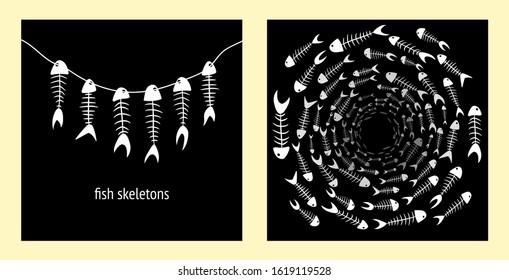 set of two illustrations with white fish skeletons on a black background. concept of magic, mysticism and voodoo