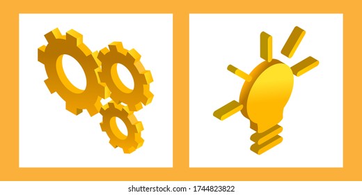 set of two illustrations with yellow gears and light bulb in perspective. isometric style. concept idea. three cogwheels. complex mechanism. modern abstract icon