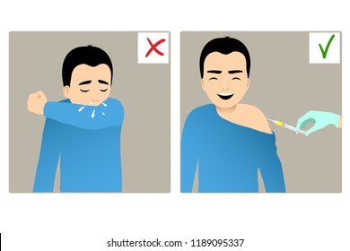 Set of two images with boy sneezing in elbow and the same happy boy being injected, vector image, eps10 