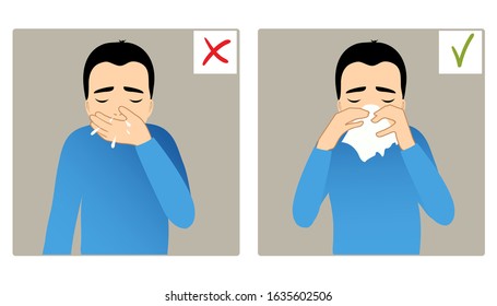 Set of two images with boy sneezing in hand and napkin, what is right and wrong, vector image, eps10