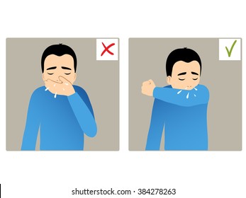 Set of two images with boy sneezing in hand and elbow, what is right and wrong, vector image