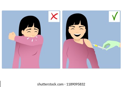 Set of two images with girl sneezing in elbow and the same happy girl being injected, vector image, eps10 