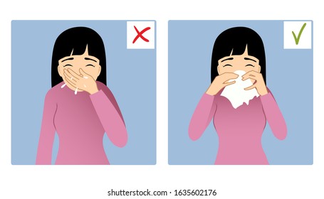 Set of two images with girl sneezing in hand and napkin, what is right and wrong, vector image, eps10