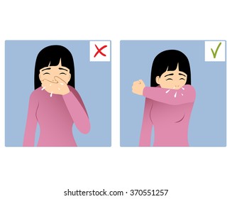 Set of two images with girl sneezing in hand and elbow, what is right and wrong, vector image