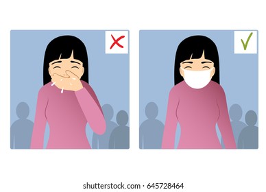Set of two images with girl sneezing in hand and with mask on the face, what is right and wrong, vector image