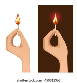 Set of two images with hand holding burning match on white and dark backgrounds, vector image
