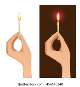 Set of two images with hand holding lighted candle on white and dark backgrounds, vector image, eps10