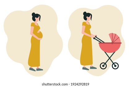 A set of two images: a pregnant girl hugging her stomach, a young mother walking with a stroller. Icons on the theme of motherhood. Vector illustration in a flat style isolated on a white background.