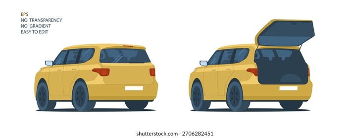 Ein Satz von zwei Bildern eines SUV-Autos mit einer Rückansicht und einem offenen Kofferraum. Vektorgrafik.