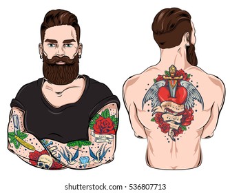 Set Of Two Images Of Tattooed Man Hipster With Beard And Oldstyle Tattoo On Hands And Back Vector Illustration