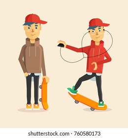 A set of two images of a young skateboarder in motion and standing in place.