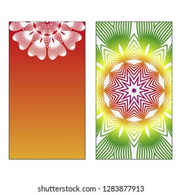 Set of two Indian country mandala ornament concept flyer. Ethnic design, on festive and background. Vector background. Card or invitation. Islam, arabic, indian, ottoman motifs. Summer color.