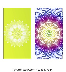 Set of two Indian country mandala ornament concept flyer. Ethnic design, on festive and background. Vector background. Card or invitation. Islam, arabic, indian, ottoman motifs. Summer color.