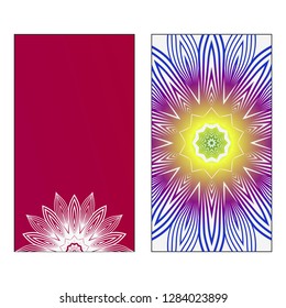 Set of two Indian country mandala ornament concept flyer. Ethnic design, on festive and background. Vector background. Card or invitation. Islam, arabic, indian, ottoman motifs. Summer color.