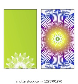 Set of two Indian country mandala ornament concept flyer. Ethnic design, on festive and background. Vector background. Card or invitation. Islam, arabic, indian, ottoman motifs. Summer color.