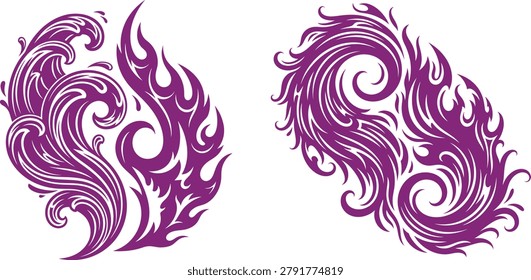 A set of two intricate ornamental designs featuring dynamic swirling patterns that evoke both fire and water elements. Useful for tattoo art or graphic embellishments.