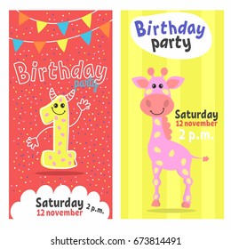 Set of two invitations to the birthday party. Cute cartoon characters. Happy holidays!