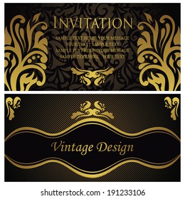 Set of two invitations. Floral seamless wallpaper, striped background. Original design                      