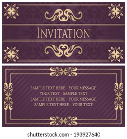 Set of two invitations. Template of vintage invitation with frame. Seamless wallpaper, striped background   