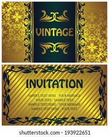 Set of two invitations. Vintage cads. Striped gold background, seamless wallpaper              
