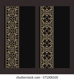 Set of two islamic luxury cards. Invitations with golden geometric design on black background. Layouts template tiled ornament. Seamless dotted borders