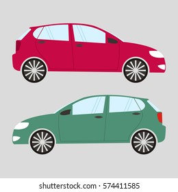 set of two isolated cars in flat style. Red and green car. Vector illustration