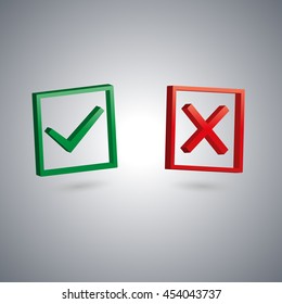 Set of two isolated check marks with 3D effect, the sign performed, tested, rejected, positive and negative response, vector illustration.