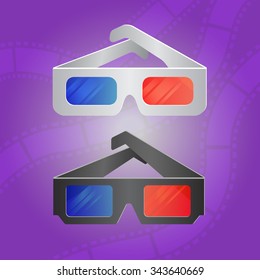 Set of two isolated cinema glasses, black and white, on violet background. Vector illustration.