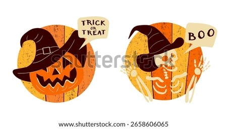 Set of two isolated circular Halloween vector logos with a grunge texture. Features a jack-o-lantern and a skeleton saying TRICK OR TREAT and BOO. For stickers, emblems, or icons.