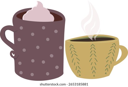 Set of two isolated cozy cartoon mugs with whipped cream and steam. Ideal vector clip art for hot beverage themes and comforting designs.